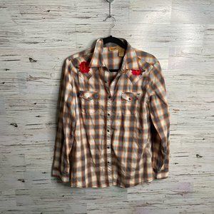 Wrangler brown red floral plaid blouse top size large western